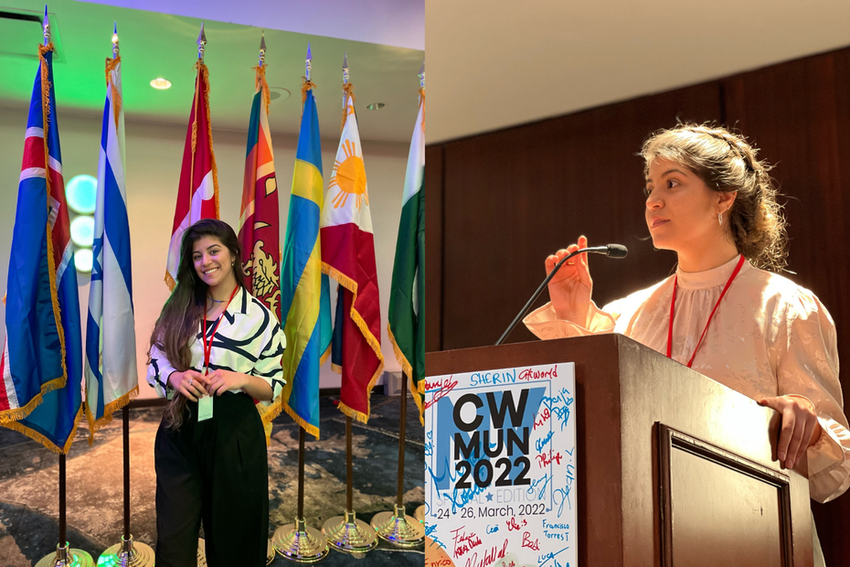 Side by side pictures of Maria Eduarda Machado Ferreira de Castro. In one, she stands in front of several flags representing different countries. In the second, she is standing at a podium speaking into a microphone.